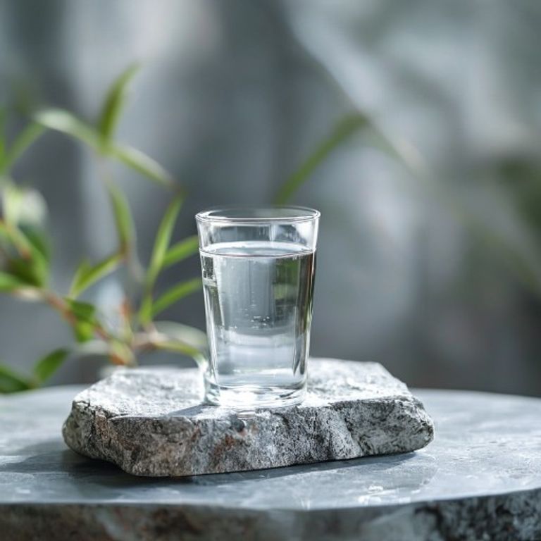 Clear glass of water on a natural stone surface with plant in background